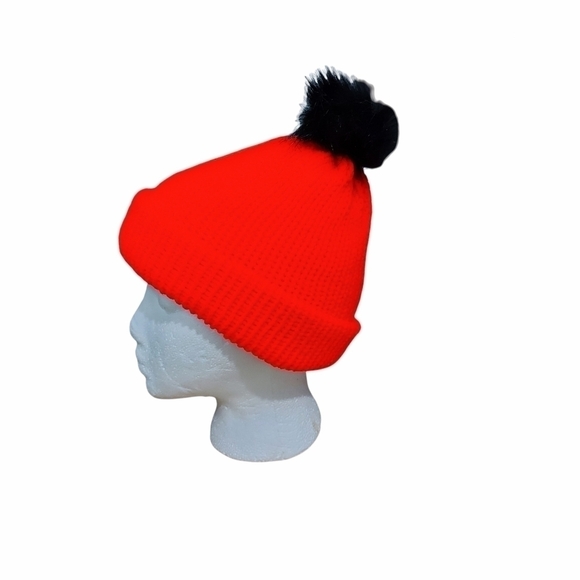 Hand Knit Neon Orange Beanie with Faux Fur Pom Pom - Picture 6 of 6